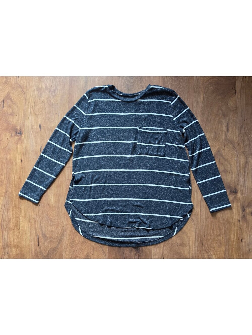 Mud Pie Striped Long Sleeve Pocket Top Navy Knit High-Low Size Medium, 442